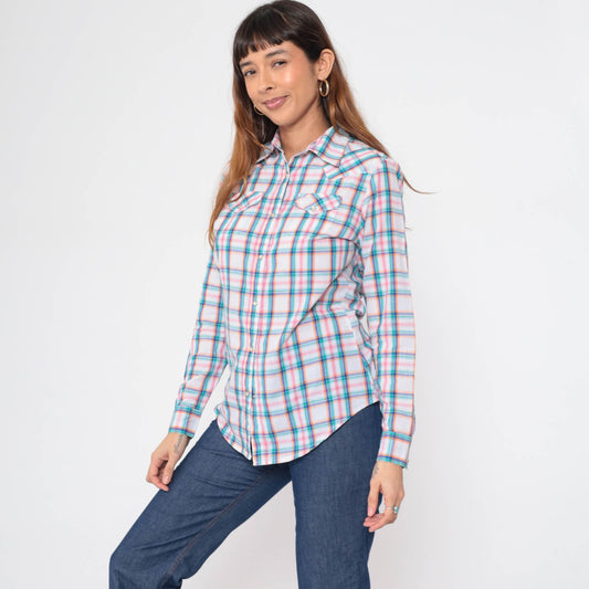 90s Wrangler Western Shirt Pearl Snap Plaid White Blue Pink Small Petite