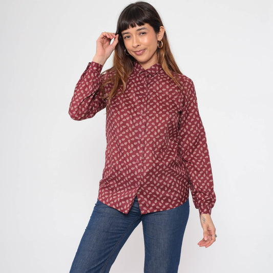 80s Burgundy Paisley Button-Up Blouse Long Sleeve Collar Medium