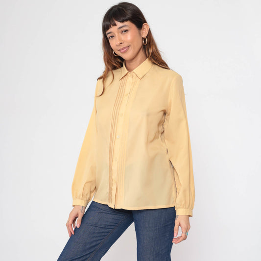 80s Yellow Pleated Button-Up Blouse Long Sleeve Collared Shirt Large L
