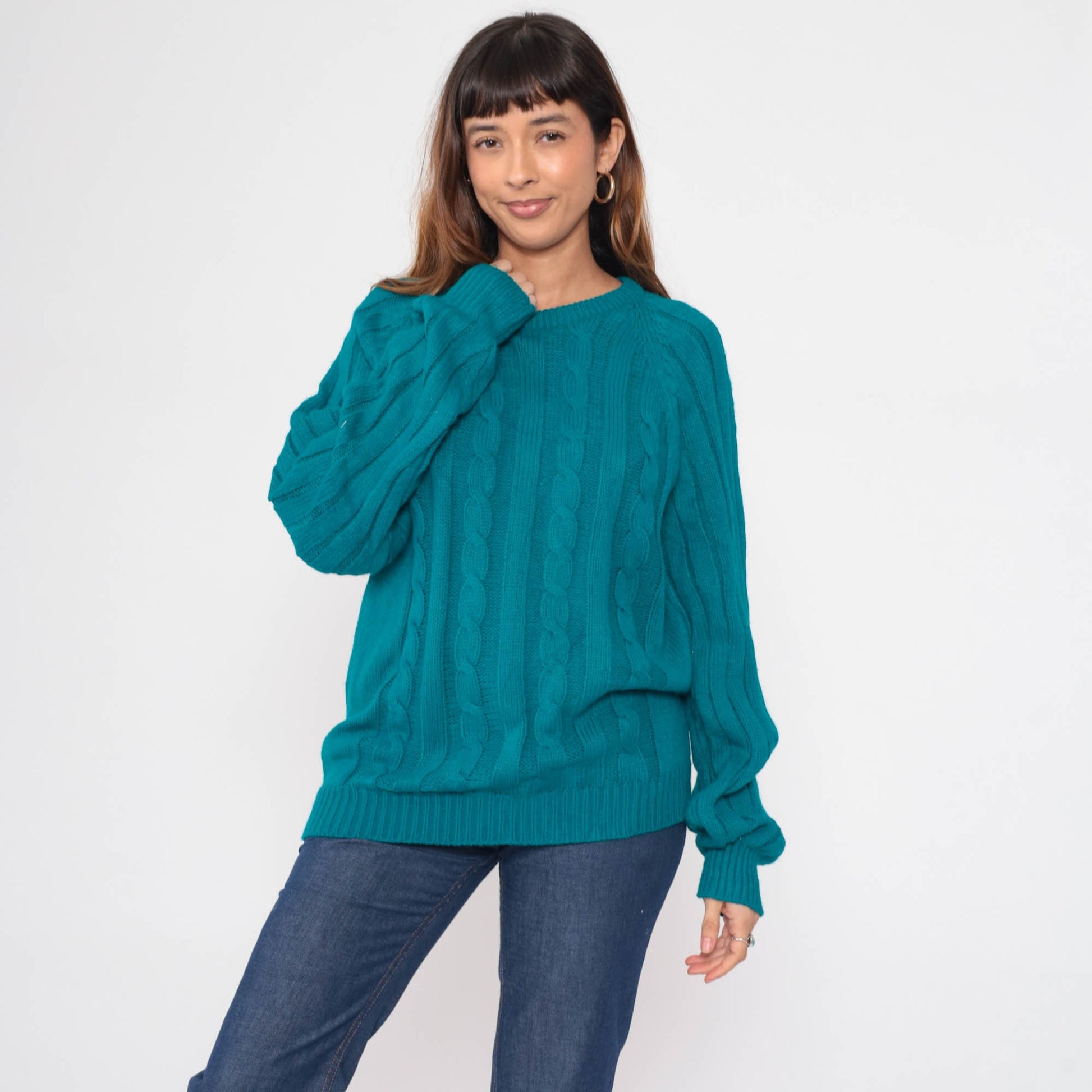 80s Wrangler Teal Cable Knit Crewneck Sweater Raglan Sleeve Medium