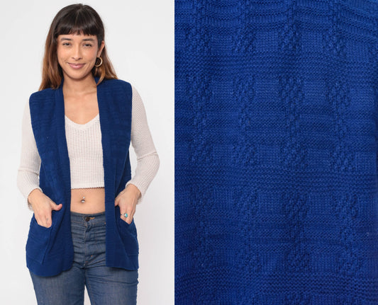 70s Knit Vest Navy Textured Checkered Open Front Sleeveless Top Small