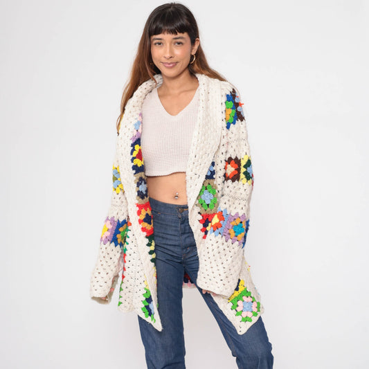 70s Crochet Cardigan Sweater Granny Square Afghan Knit Open Front Off-White Extra Large