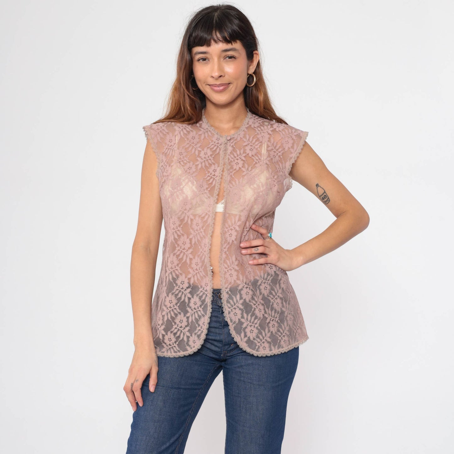 70s Mauve Lace Jacket Cap Sleeve Open Front Blouse Small S