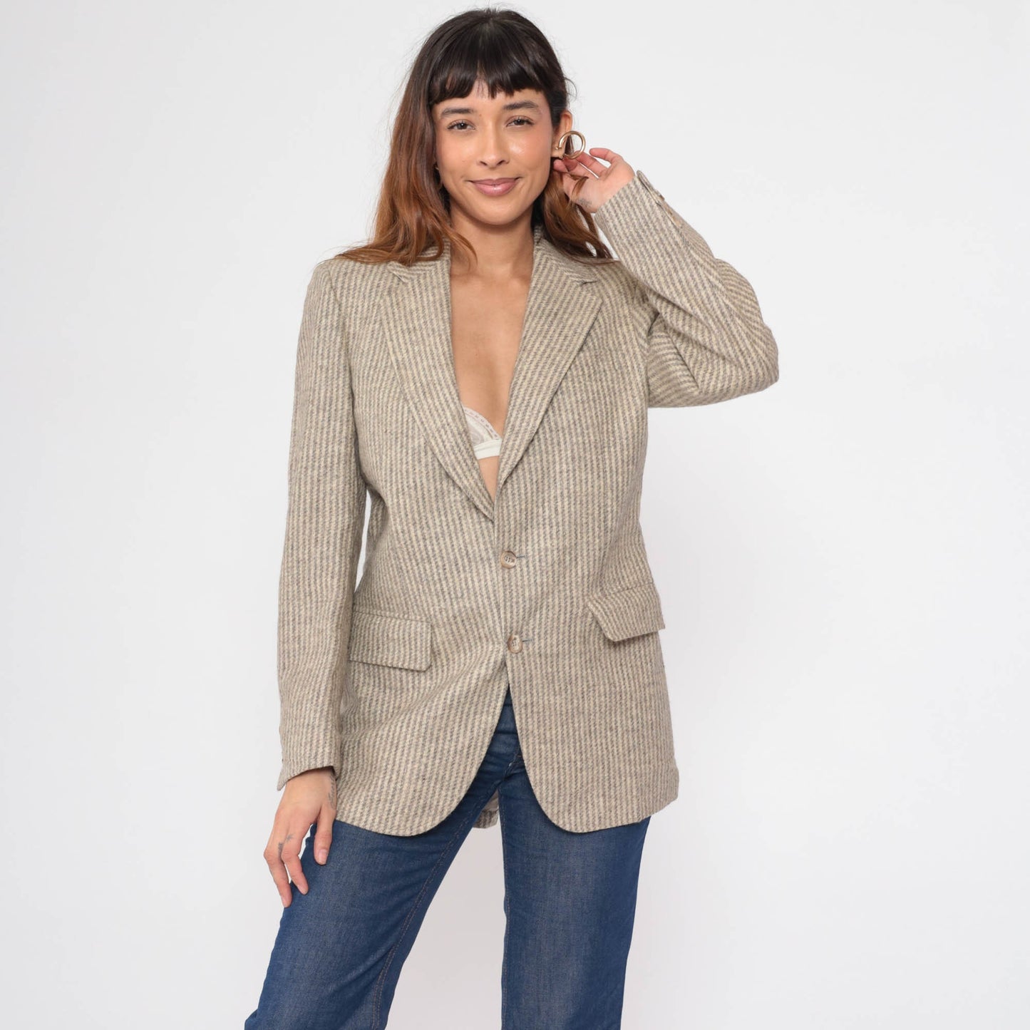 80s Striped Wool Blend Blazer Grey Beige Tailored Button-Up Small