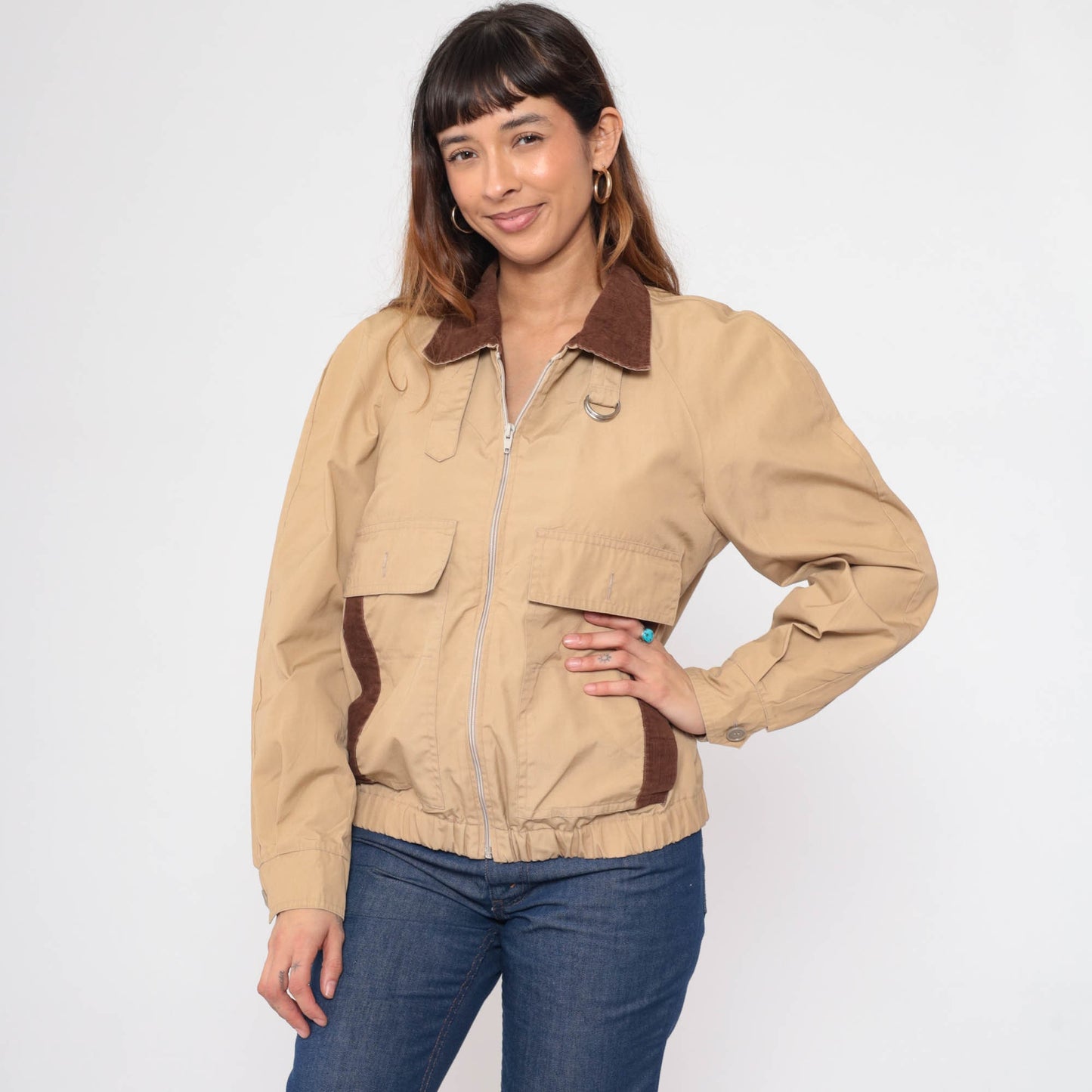 80s Tan Windbreaker Jacket Corduroy Collar Utility Pockets Zip Medium