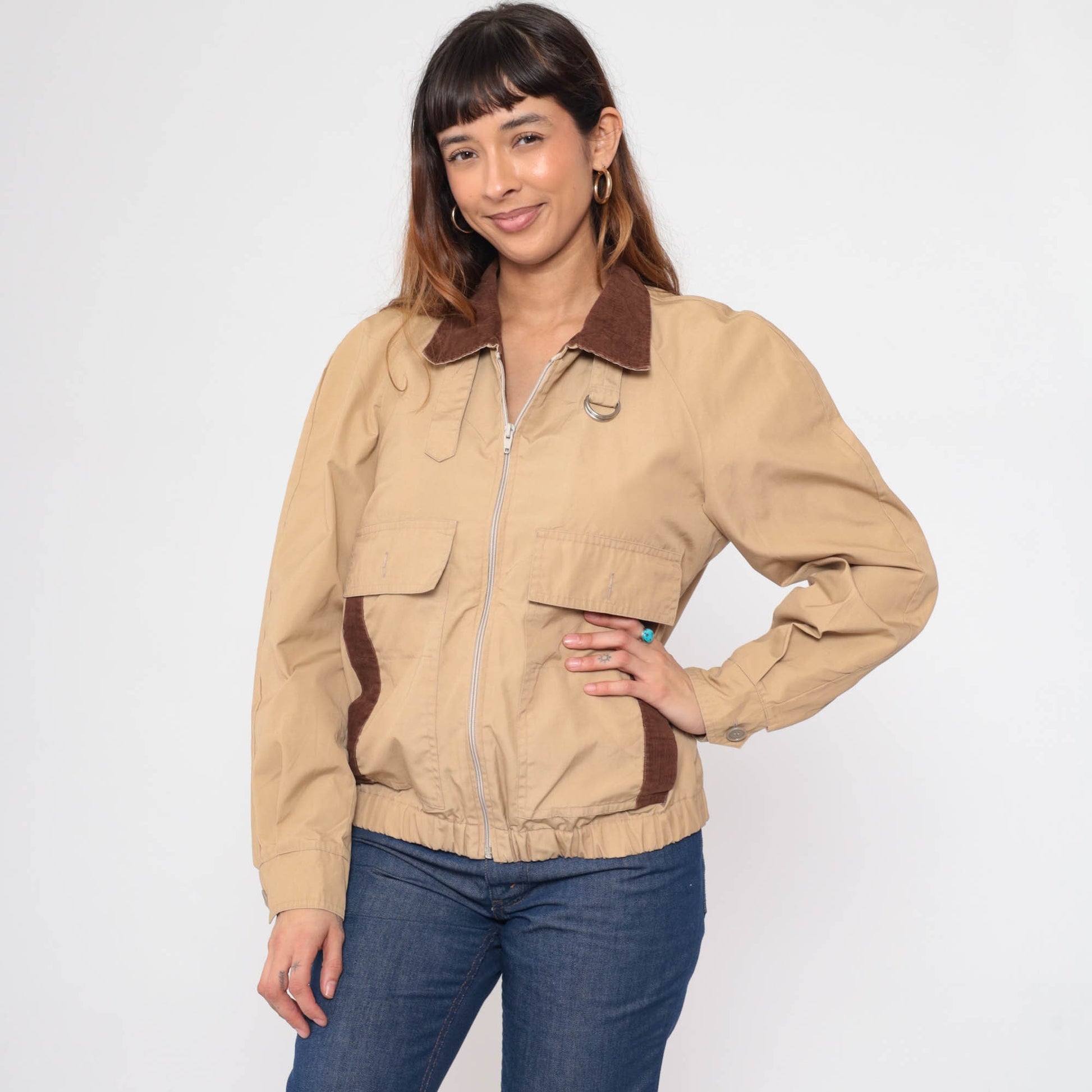 80s Tan Windbreaker Jacket Corduroy Collar Utility Pockets Zip Medium