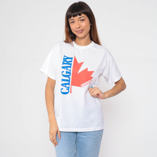 80s Calgary Alberta Canada Maple Leaf Graphic T-Shirt Single Stitch Medium