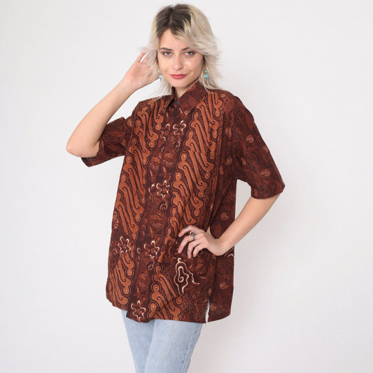90s Batik Abstract Floral Button Up Shirt Brown Large