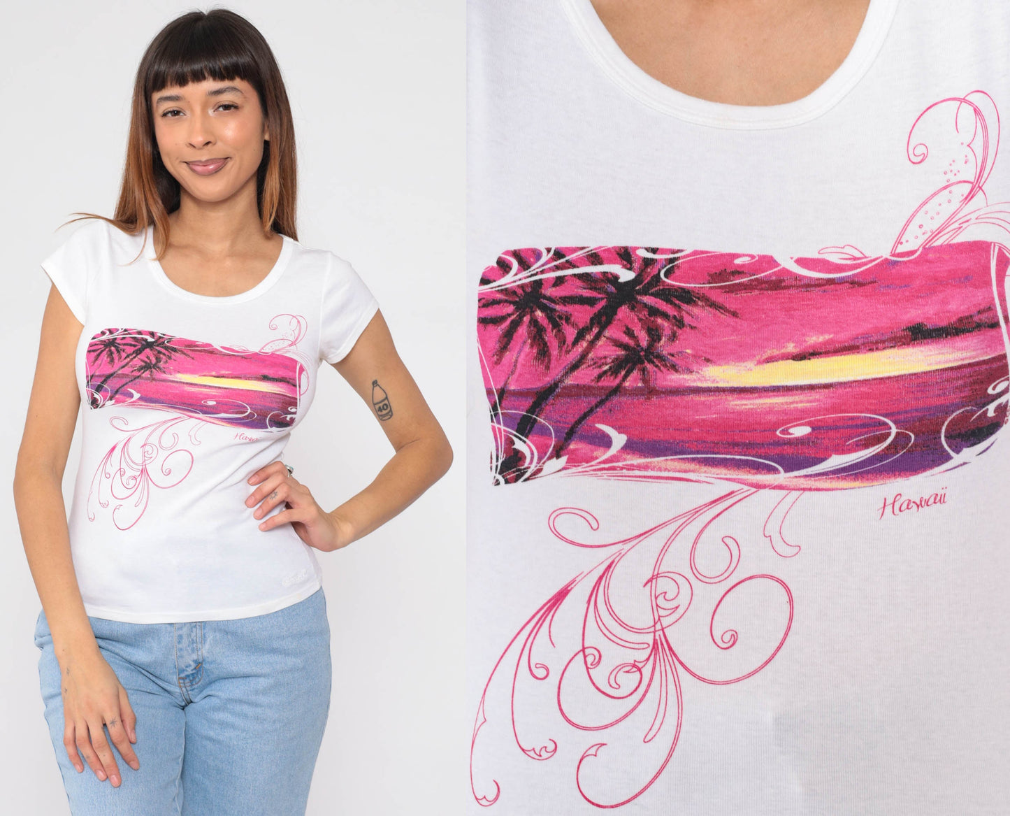 90s Crazy Shirts Hawaii Palm Tree Graphic Baby Tee White Cap Sleeve Small
