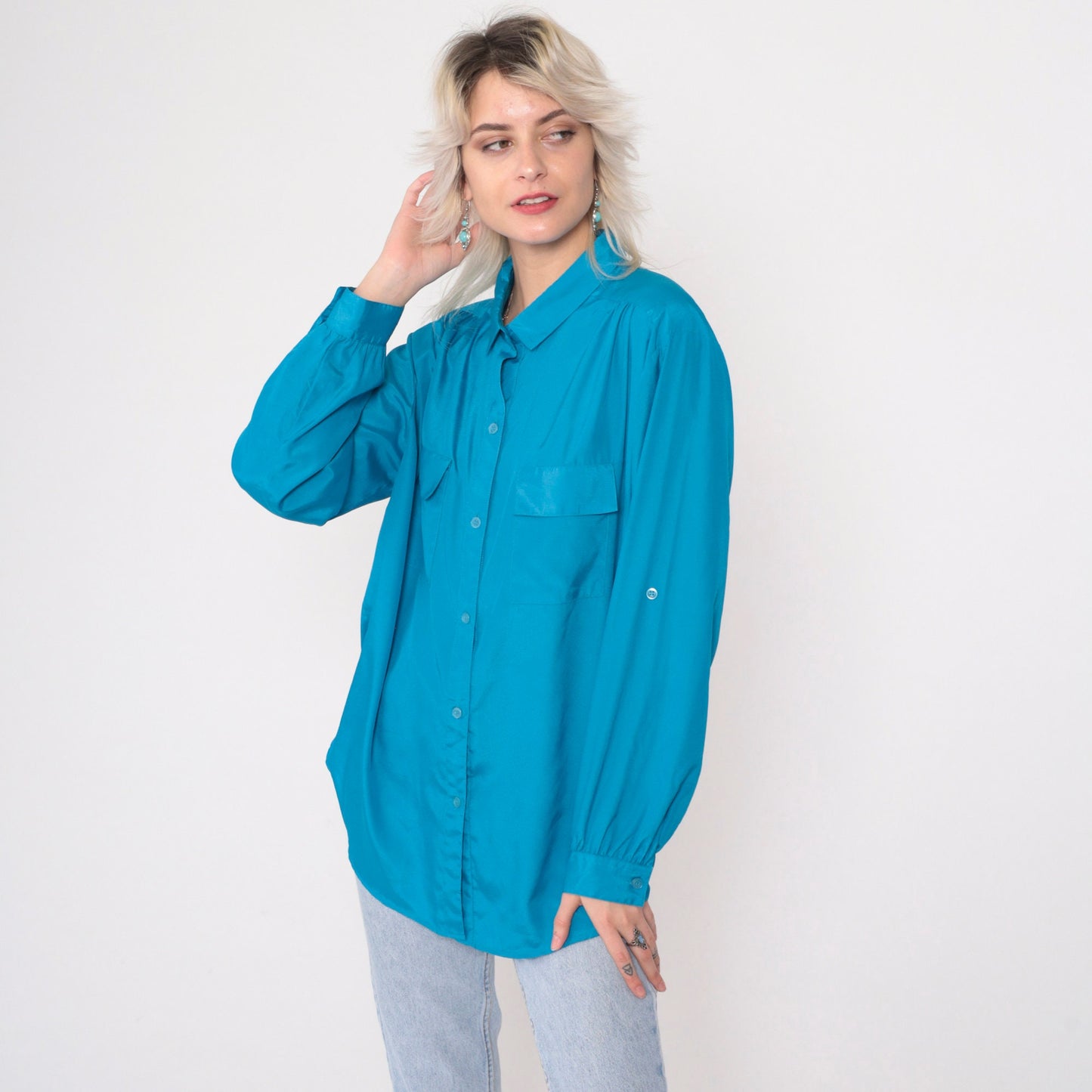 90s Turquoise Button-Up Blouse Gathered Shoulders Roll Tab Sleeves Large