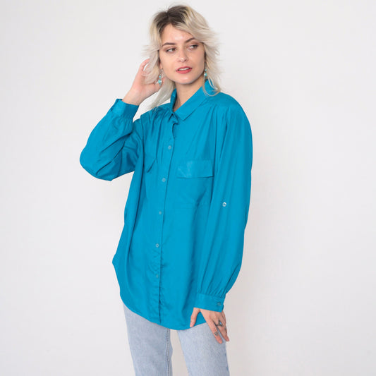 90s Turquoise Button-Up Blouse Gathered Shoulders Roll Tab Sleeves Large