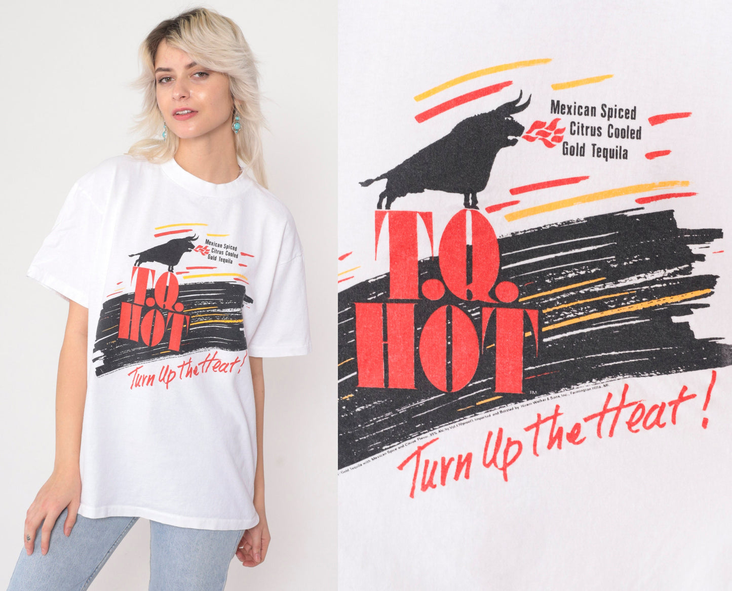 90s TQ Hot Tequila Gold Graphic T-Shirt Single Stitch White Large