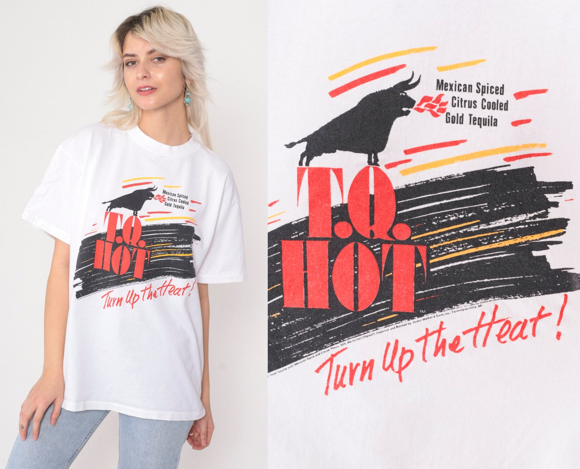 90s TQ Hot Tequila Gold Graphic T-Shirt Single Stitch White Large