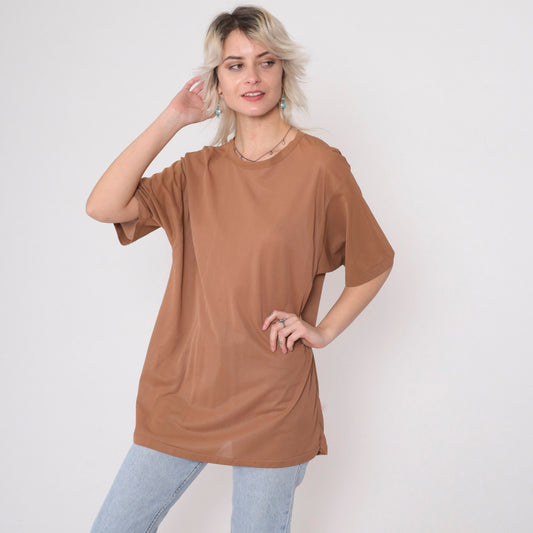80s Light Brown Nylon Crewneck Blouse Short Sleeve Medium Large