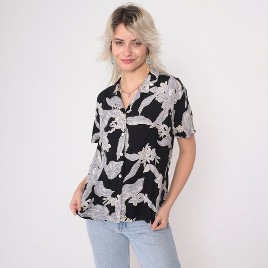 90s Nani Hawaii Tropical Floral Button Up Blouse Black Viscose Large
