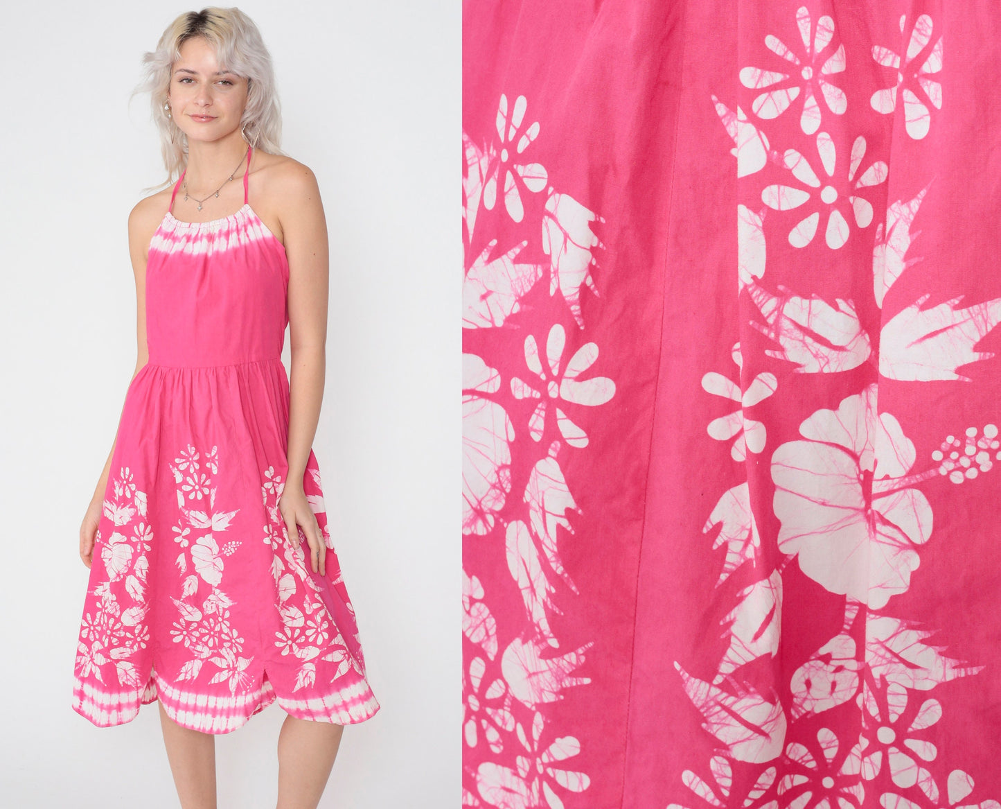 1950s Pink Floral Tie Dye Halter Sundress Open Back Midi Cotton Small