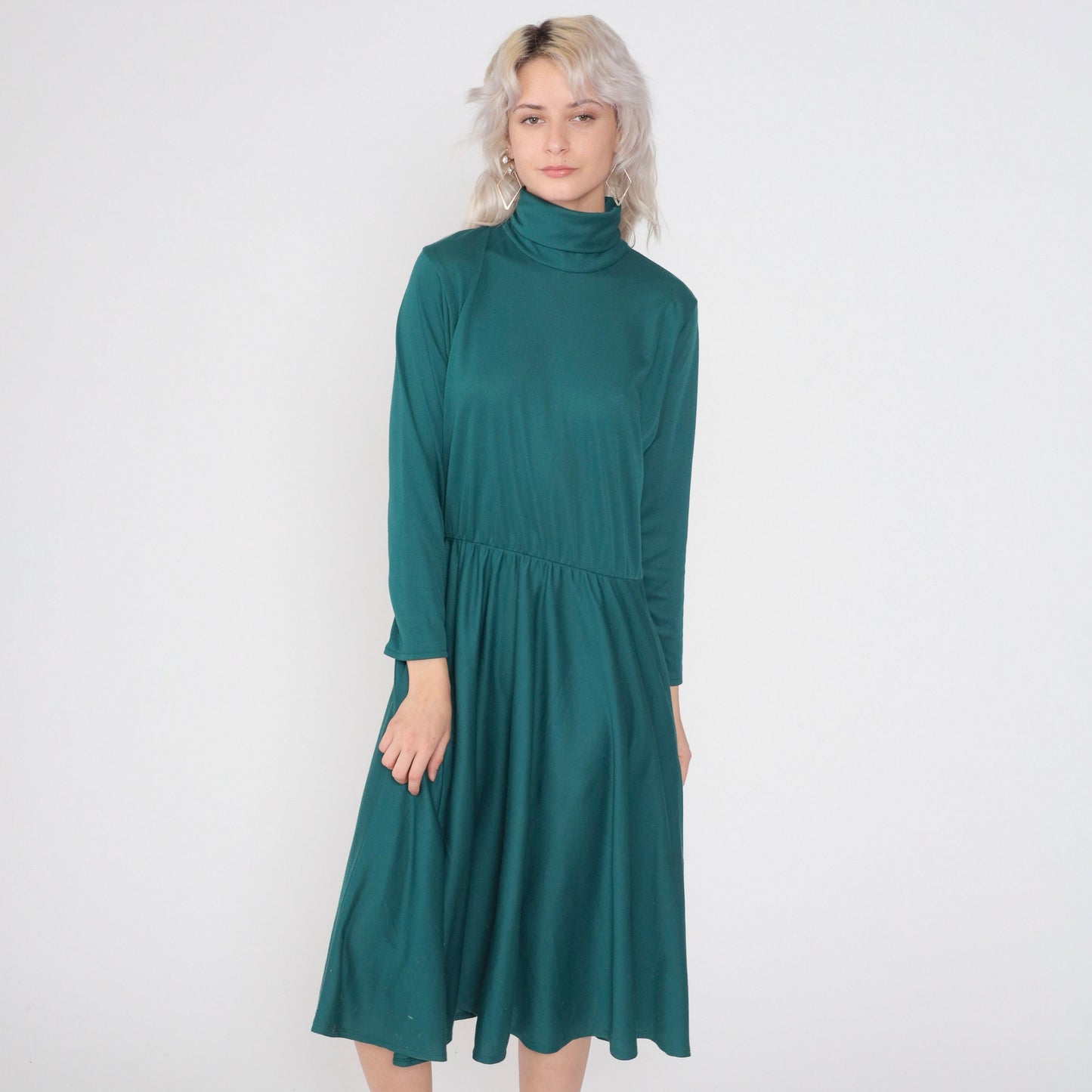 70s Green Turtleneck Midi Dress High Waisted Long Sleeve Pockets Medium