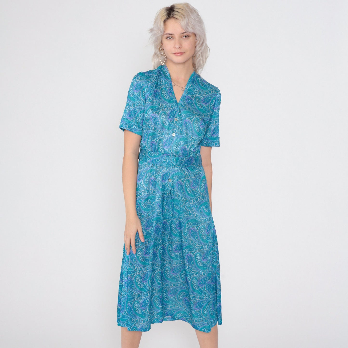 70s Blue Paisley Midi Dress Button-Up Shirtwaist High Waisted Medium
