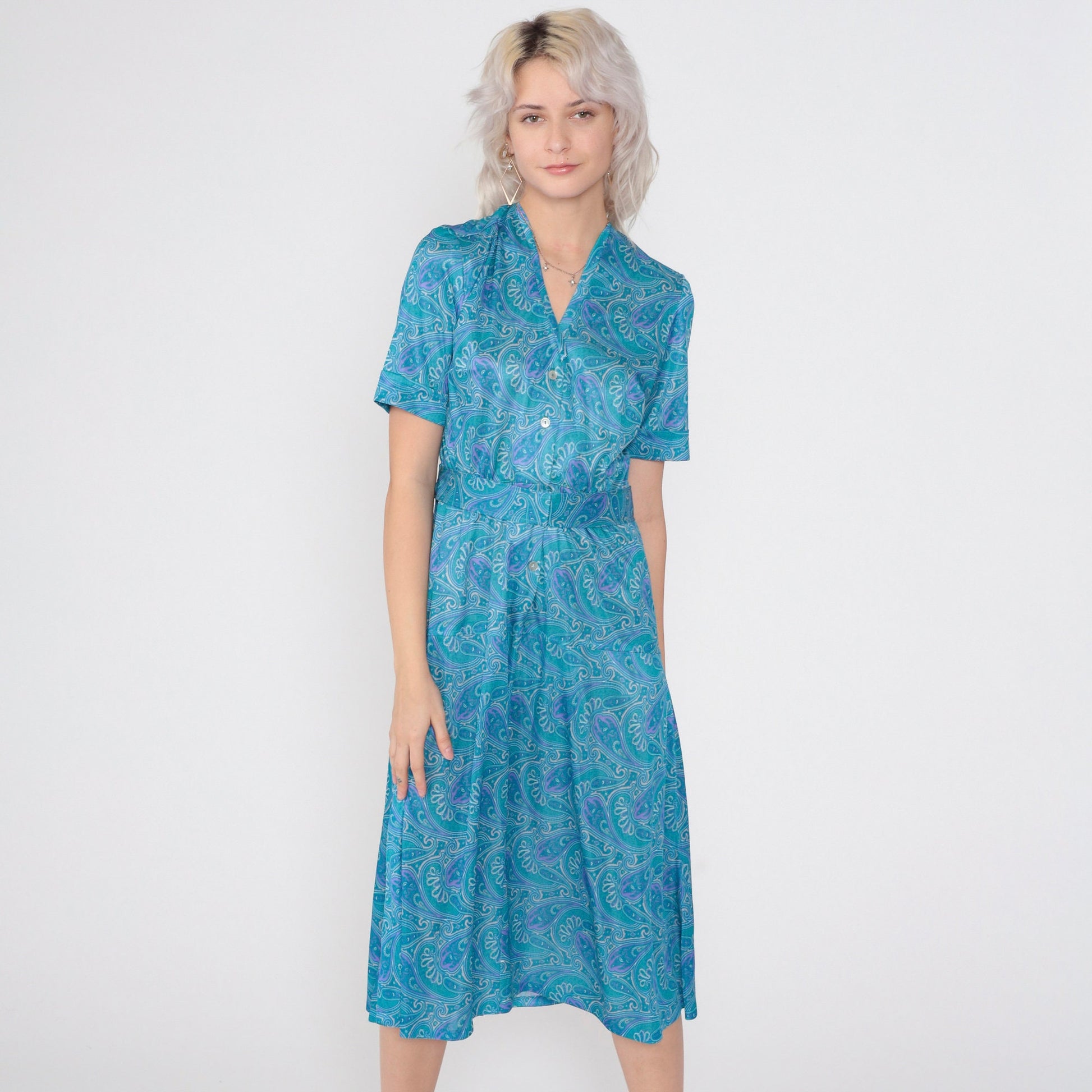 70s Blue Paisley Midi Dress Button-Up Shirtwaist High Waisted Medium