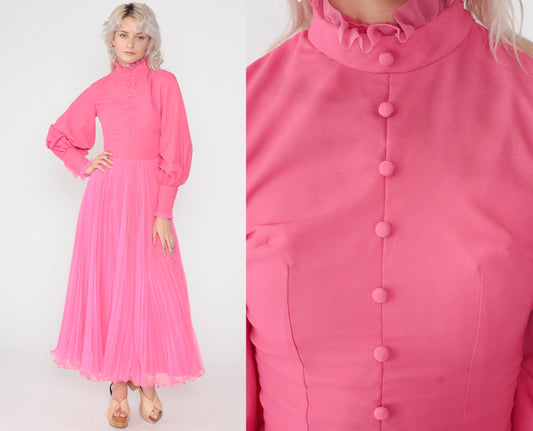 70s Hot Pink Maxi Dress Balloon Sleeve High Neck Ruffled Chiffon Extra Small