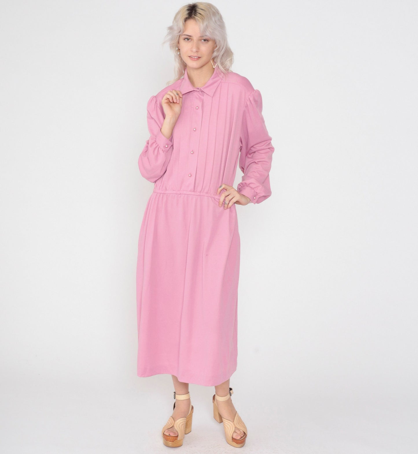 80s Pink Shirtwaist Midi Dress Button-Up High Waisted Pleated Plus Size XXL