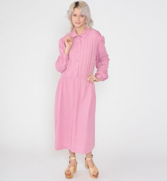 80s Pink Shirtwaist Midi Dress Button-Up High Waisted Pleated Plus Size XXL