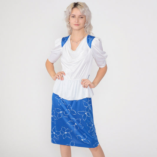 80s Peplum Puff Sleeve Midi Dress White Blue Floral Cowl Neck High Waisted Medium