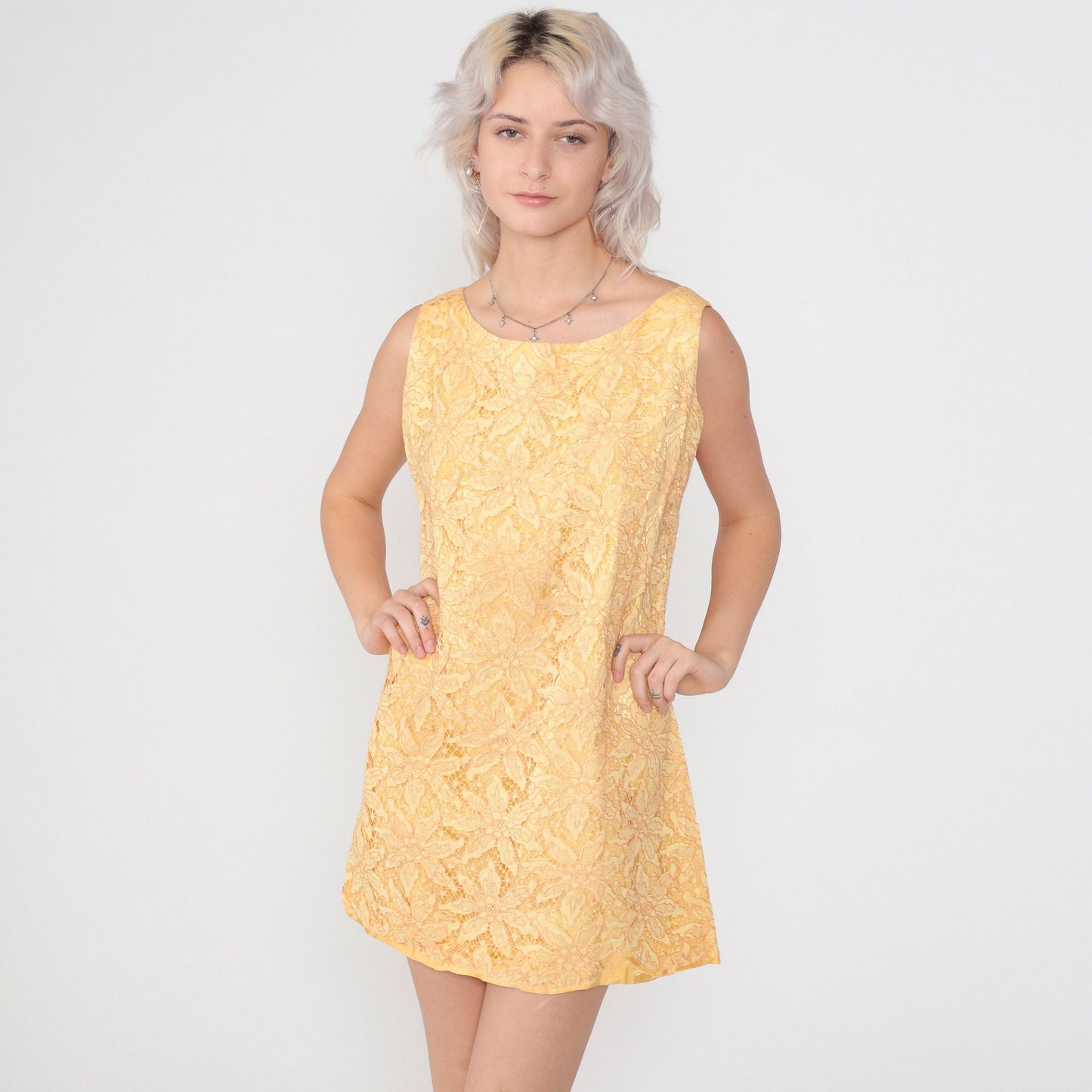 60s Yellow Floral Lace Shift Dress Mini Sleeveless Cocktail Medium M