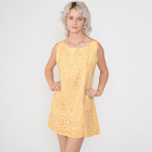 60s Yellow Floral Lace Shift Dress Mini Sleeveless Cocktail Medium M