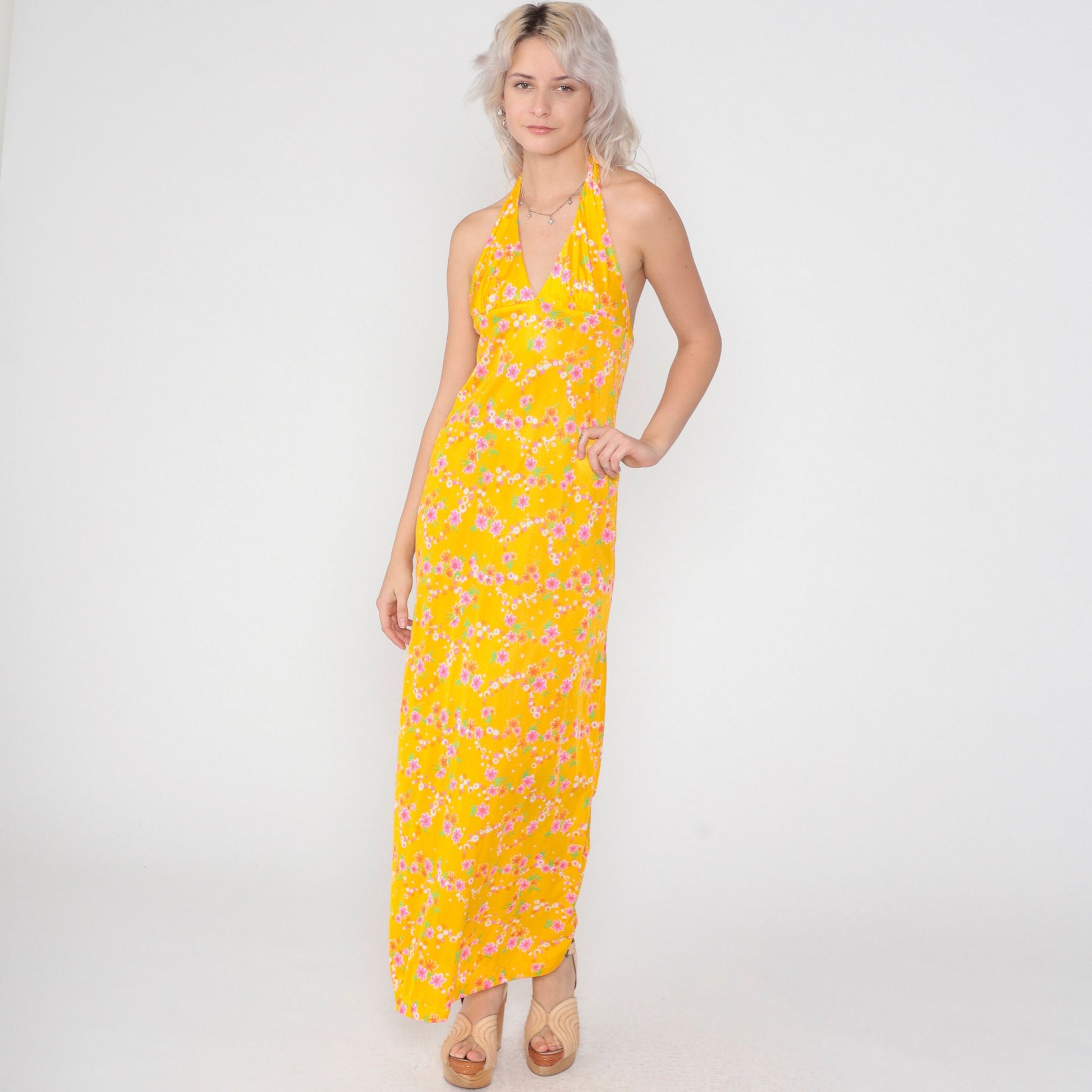 70s Yellow Floral Halter Maxi Dress Empire Waist Backless Extra Small