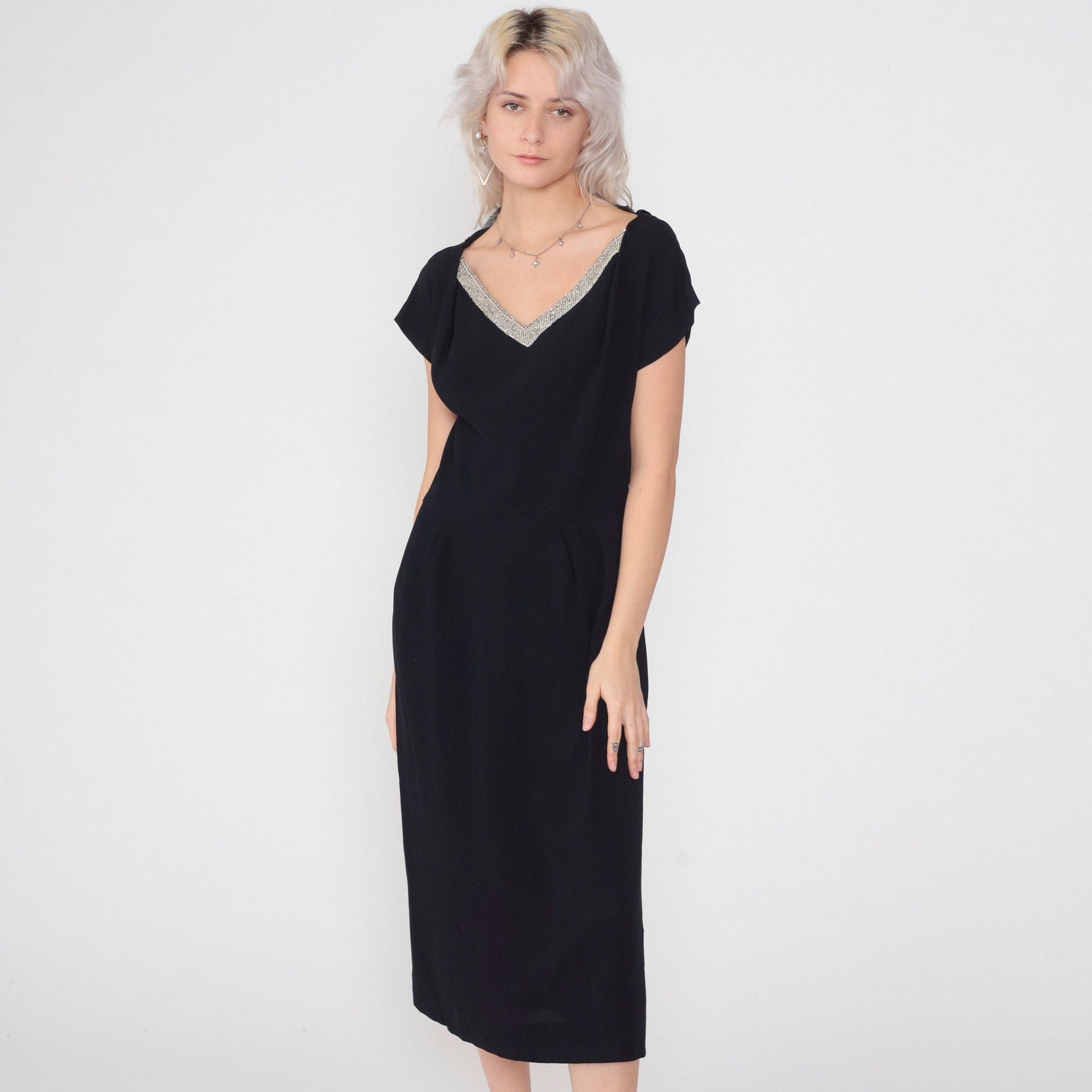 1950s Black Beaded Rhinestone V-Neck Midi Dress Short Sleeve Medium
