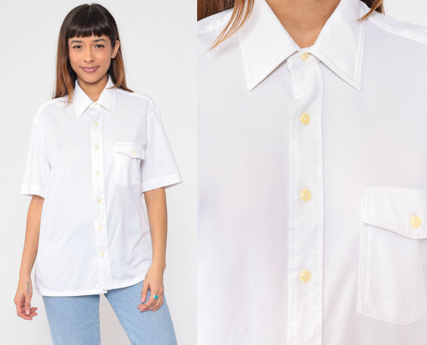 70s Sears White Button-Up Shirt Pointed Collar Utility Pocket Large L