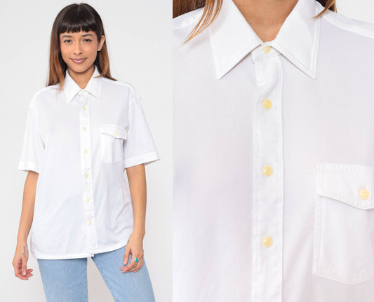 70s Sears White Button-Up Shirt Pointed Collar Utility Pocket Large L