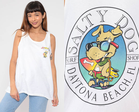 90s Salty Dog Surf Shop Tank Top Daytona Beach Florida Graphic White Extra Large XXL