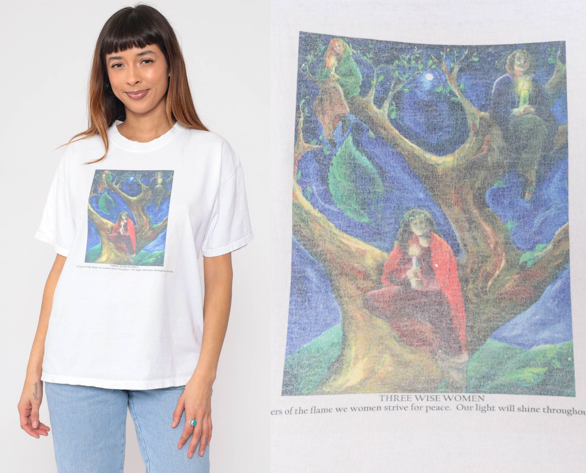 90s Three Wise Women Graphic T-Shirt White Feminist Slogan Large L