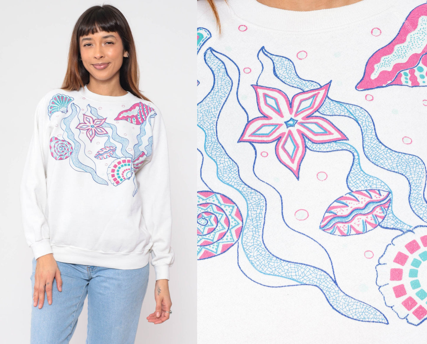 90s Seashell Starfish Sweatshirt White Ocean Graphic Raglan Crewneck Medium
