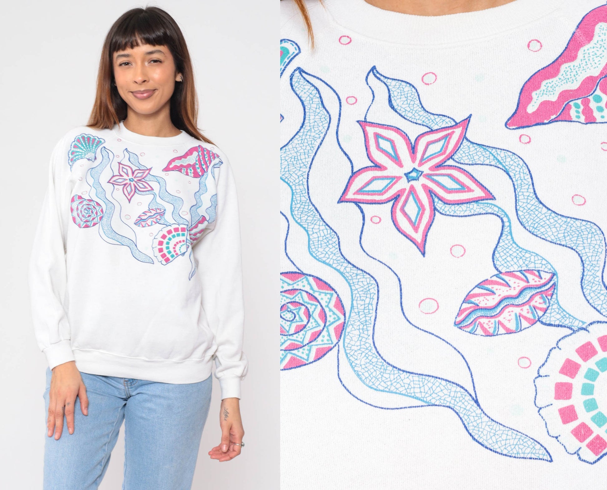 90s Seashell Starfish Sweatshirt White Ocean Graphic Raglan Crewneck Medium