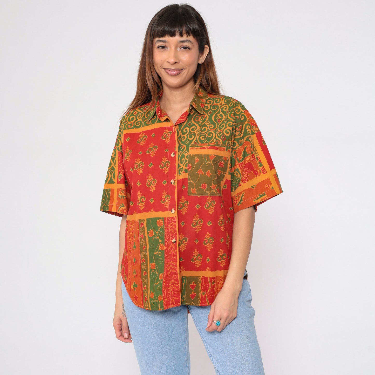 90s Indian Floral Button-Up Shirt Cotton Short Sleeve Collared Top Large