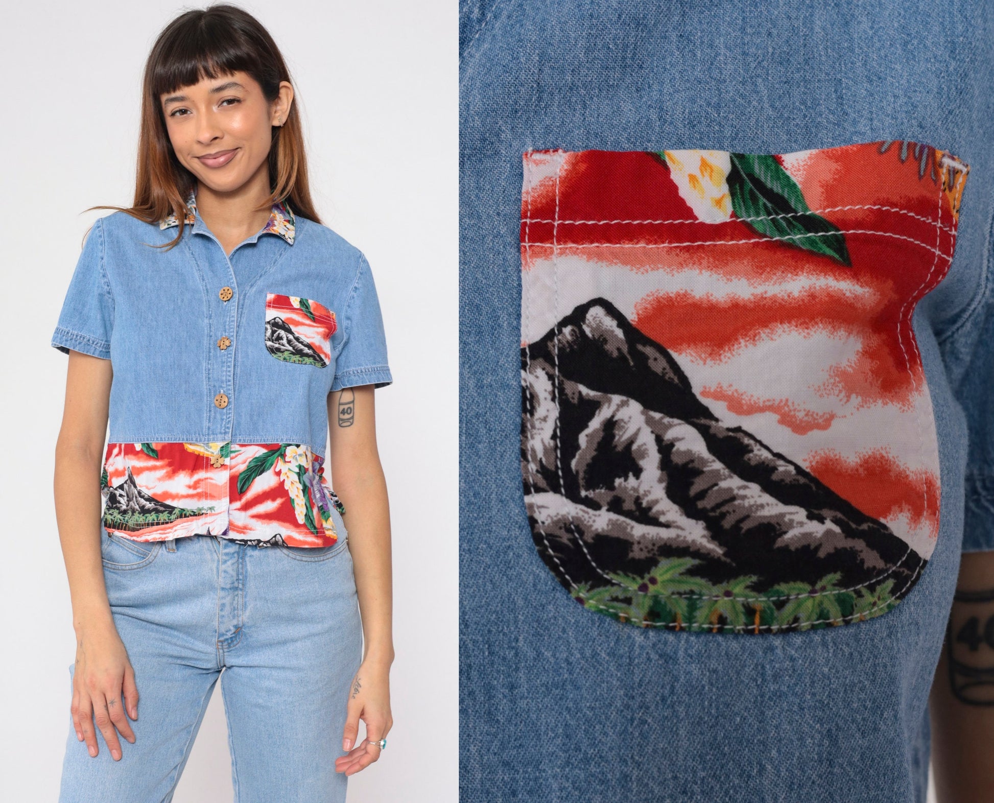 90s Blue Denim Crop Top Tropical Mountain Floral Print Button-Up Medium