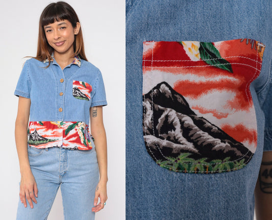 90s Blue Denim Crop Top Tropical Mountain Floral Print Button-Up Medium