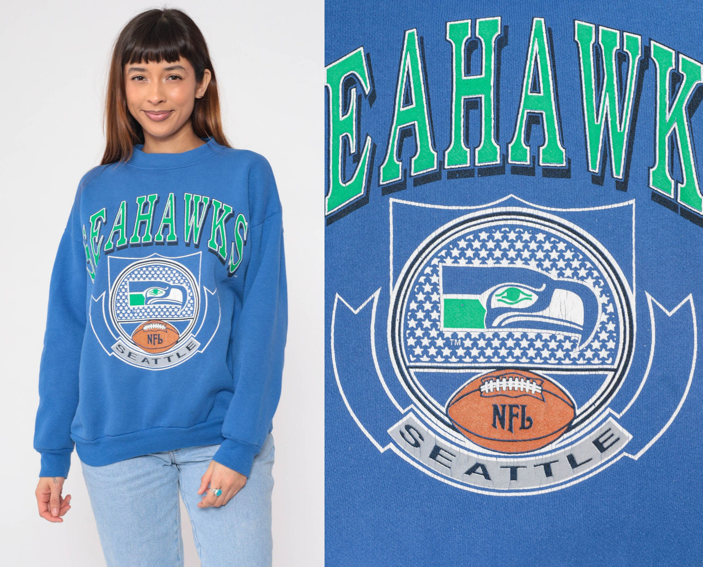 90s Seattle Seahawks NFL Sweatshirt Blue Crewneck Logo 7 Large