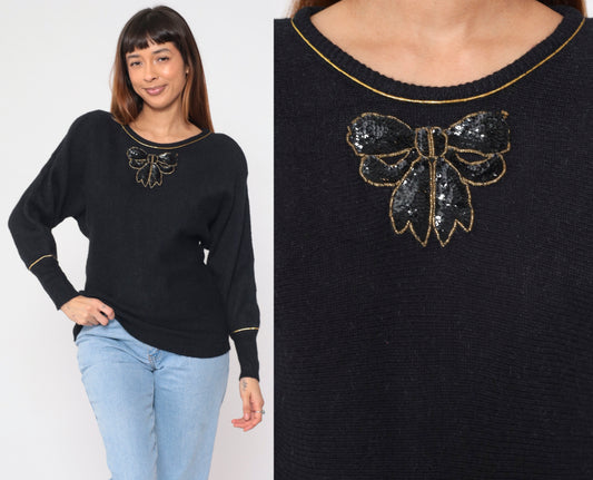 90s Andrea Gayle Black Knit Sweater Sequin Bow Metallic Gold Trim Large L