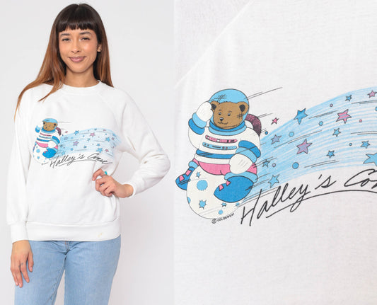80s Halley's Comet Teddy Bear Astronaut Sweatshirt Raglan Crewneck Large L