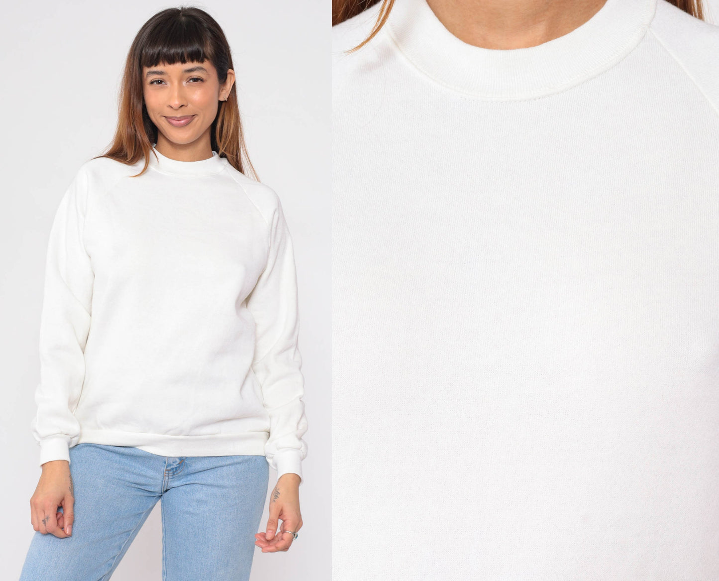 80s Jerzees White Raglan Sweatshirt Crewneck Plain Pullover Extra Small