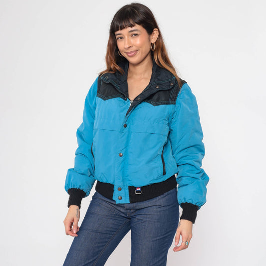 80s White Mountain Puffer Ski Jacket Blue Black Convertible Zip Sleeve Large