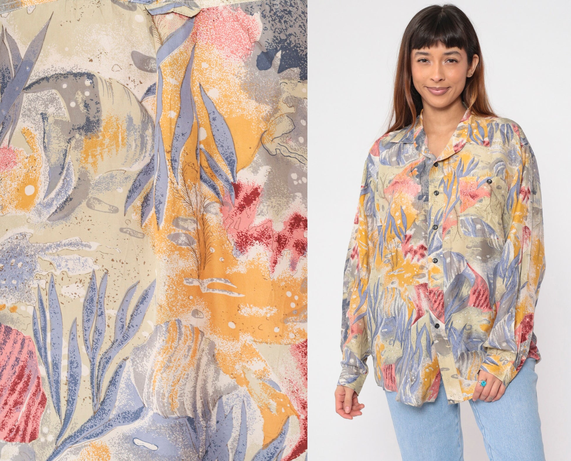 90s Fish Print Silk Button-Up Shirt Ocean Long Sleeve Medium M