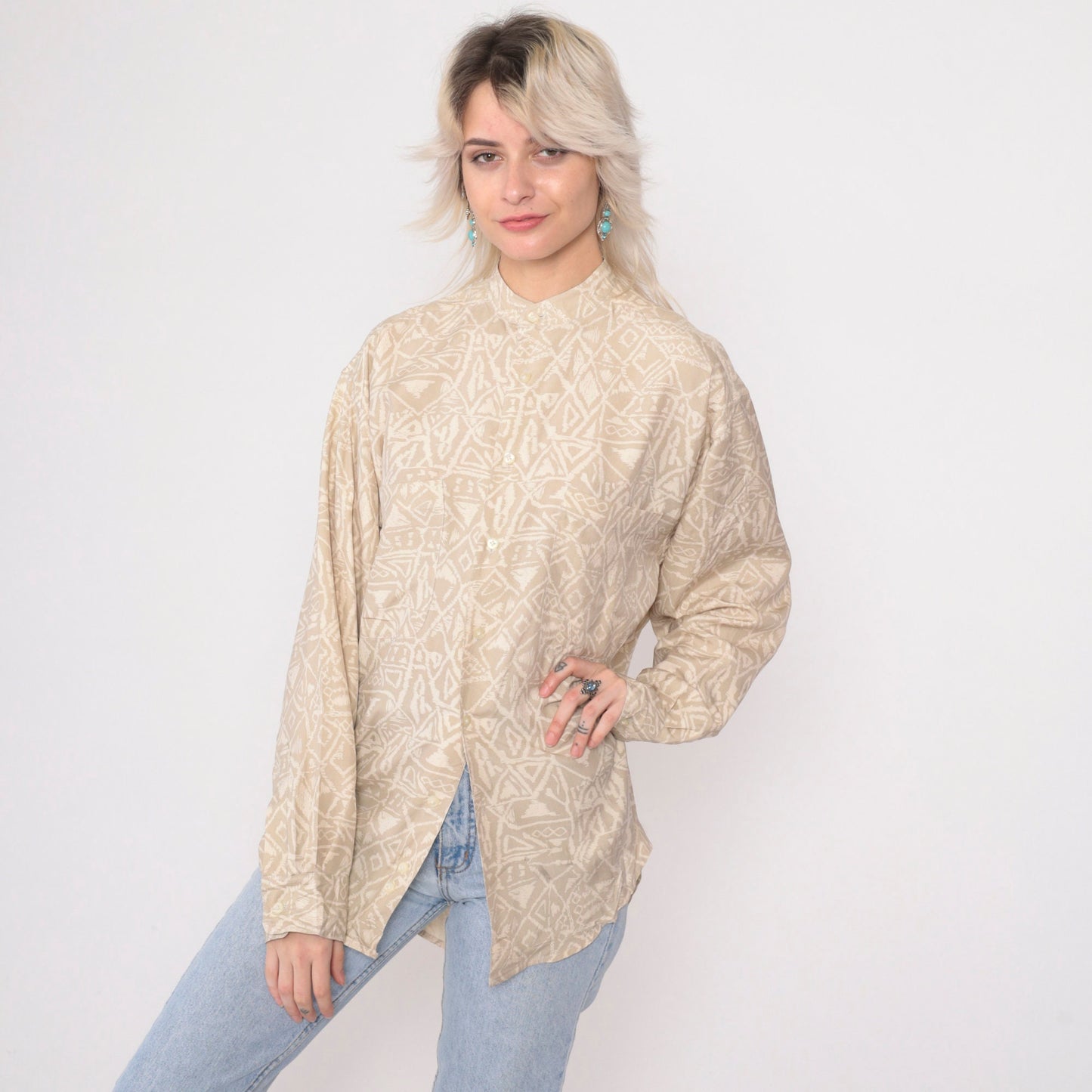 90s Generra Silk Geometric Button Up Shirt Beige Stand Collar Small