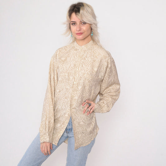 90s Generra Silk Geometric Button Up Shirt Beige Stand Collar Small