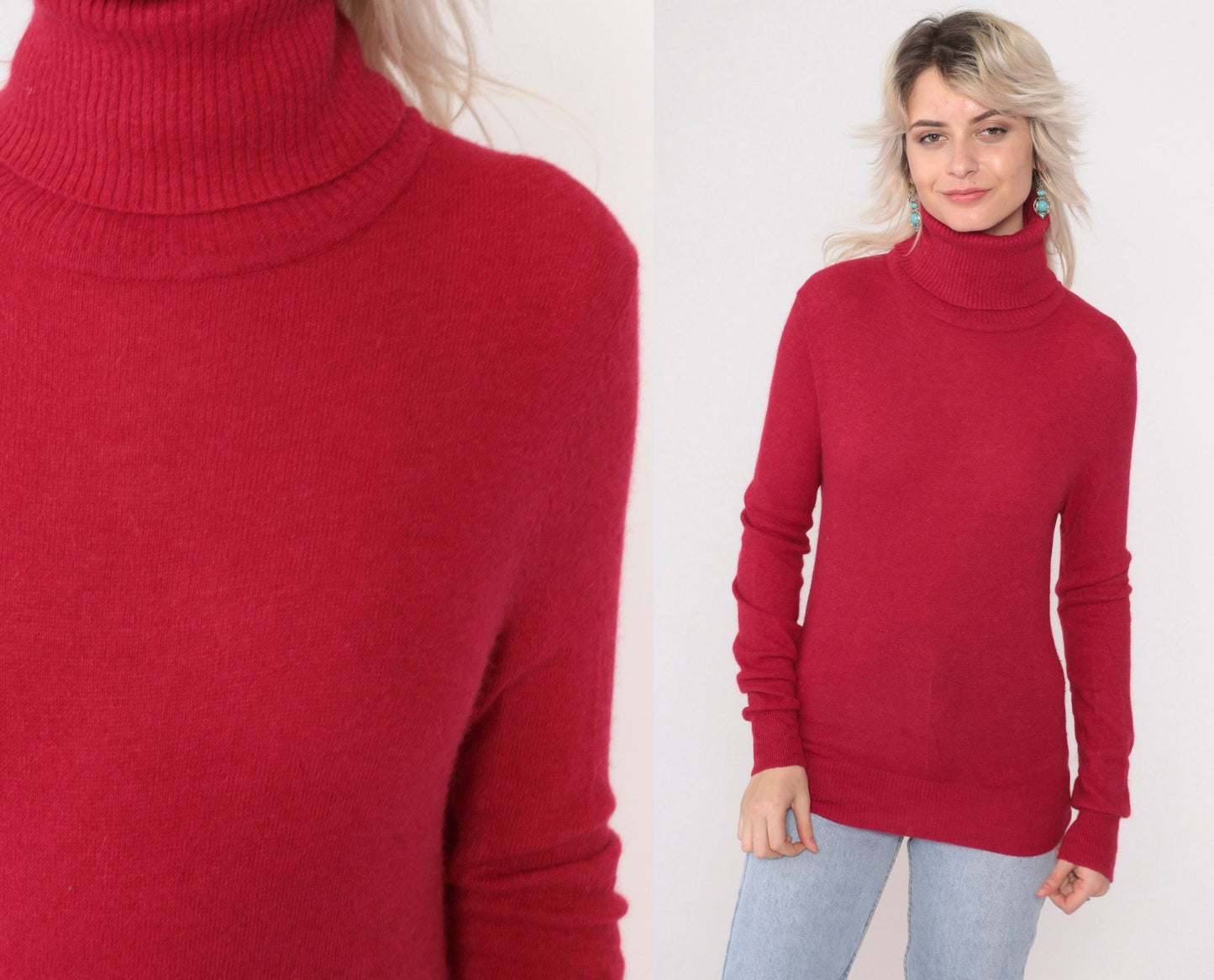 90s Vogue Angora Wool Turtleneck Sweater Cherry Red Knit Pullover Extra Small
