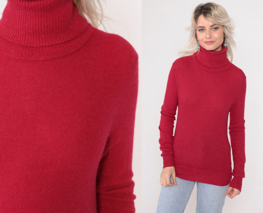 90s Vogue Angora Wool Turtleneck Sweater Cherry Red Knit Pullover Extra Small